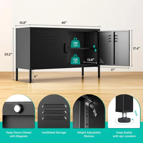 Miniatura 2 de SISESOL Armario de almacenamiento de metal negro con puertas y estantes, armario de almacenamiento de metal ancho de 2 puertas con patas y orificio