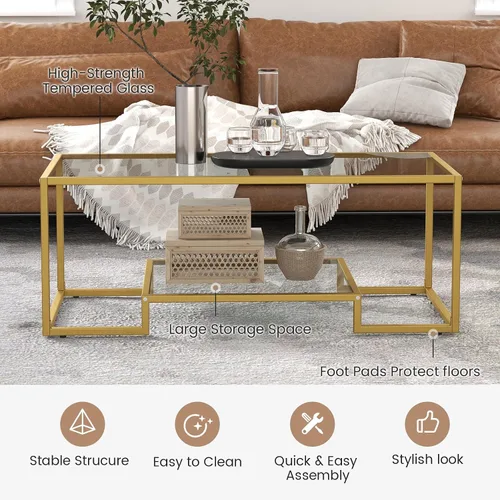 Miniatura 6 de NAFORT Mesa de centro de cristal templado, mesa central moderna rectangular dorada de 45 pulgadas con estante de almacenamiento inferior