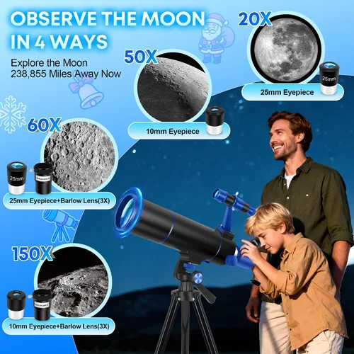 Miniatura 4 de Hawkko Telescopio para Adultos y Principiantes, Apertura de 80mm 500mm Telescopios para Astronomía Adultos, (20X-150X) Kit de Telescopio Refractor