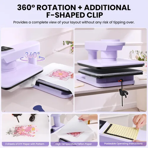 Miniatura 7 de Máquina de prensa de calor automática de doble banco de trabajo, 360° Swing Away 15x15 prensa inteligente para camisetas con liberación automática
