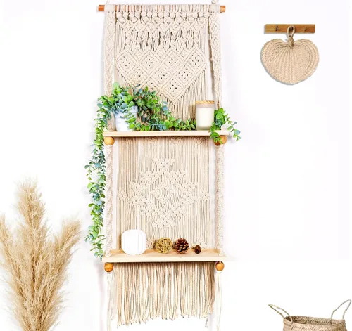 Miniatura 2 de Estante de Pared de Macramé Colgante (Nivel 2, Blanco Natural)