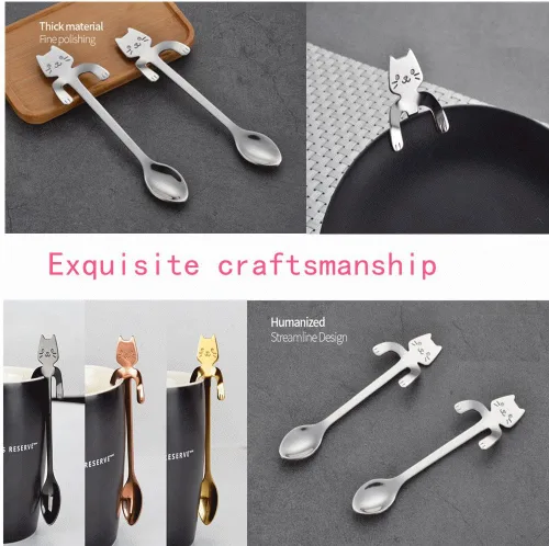 Miniatura 7 de Juego de 4 mini cucharas para gatos, de acero inoxidable 304, de acero inoxidable 304, cuchara colgante, vajilla, cubiertos, utensilios de cocina