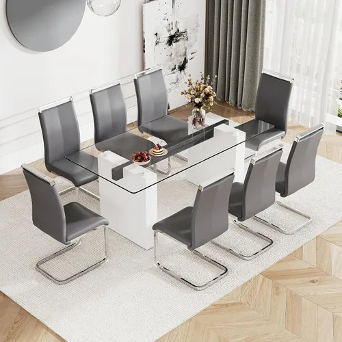 Miniatura 19 de Juego de mesa de comedor de vidrio de 71 pulgadas para 6, mesa de comedor para 6, mesa de vidrio templado con marco de MDF blanco y 6 sillas