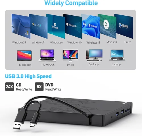 Miniatura 5 de ORIGBELIE Unidad externa de CD y DVD, grabadora de CD USB 3.0 con 2 puertos USB y 2 ranuras para tarjetas TF/SD, unidad de disco óptico