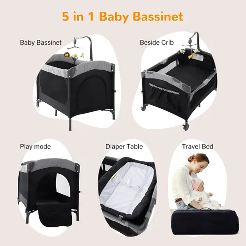 Miniatura 5 de Soobaby Cuna de bebé 5 en 1, cuna de noche, paquete y juega con moisés y cambiador, caja de música portátil de viaje, cuna de viaje portátil