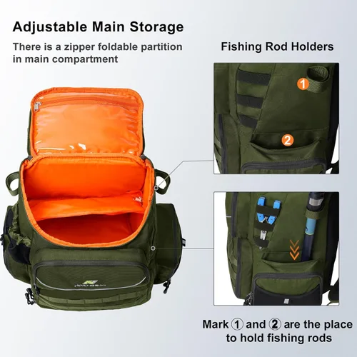 Miniatura 4 de N NEVO RHINO Mochila de aparejos de pesca con soportes para caña, bolsa de pesca grande de 40 L con cubierta impermeable para lluvia, bolsa