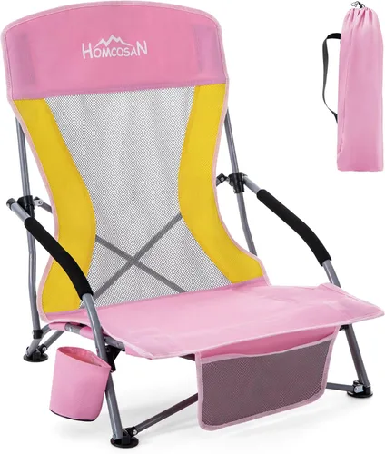 Miniatura 27 de Homcosan Silla de playa portátil baja plegable con paraguas desmontable, silla de campamento ligera para adultos con portavasos y bolsillo