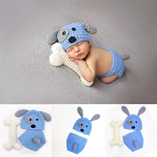 Miniatura 3 de Traje de bebé recién nacido, accesorios para fotos, trajes de ganchillo de punto azul con gorro de perro, pantalones cortos con hueso para niños