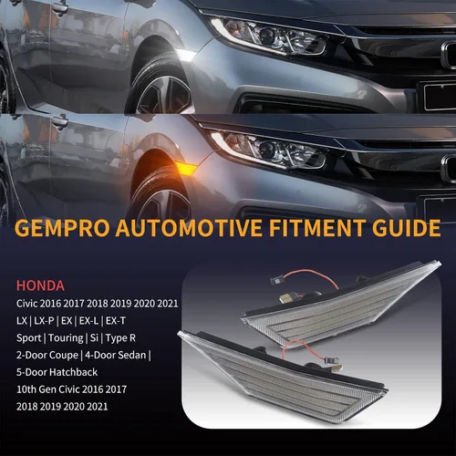Miniatura 4 de Gempro Switchback - Luces LED laterales de repuesto secuenciales para Honda Civic 2016-2021, color blanco y ámbar dinámico para parachoques Lente