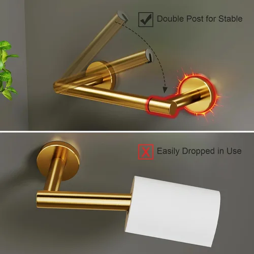 Miniatura 3 de POKIM Soporte de papel higiénico dorado cepillado, dispensador de papel higiénico de acero inoxidable 304 de doble poste para montaje en pared