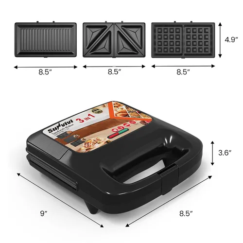 Miniatura 5 de Máquina 3 en 1 para Gofres, Parrilla y Sándwiches, Sandwichera Prensa Panini Plancha de Gofres con Placas Antiadherentes Extraíbles y Luces