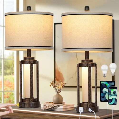 Miniatura 10 de Modern Table Lamps Set of 2, Industrial 3-Way Dimmable Bedside Lamp with USB A+C Ports & AC Outlet, 25" Touch Control Nightstand Lamp LED Night