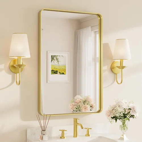 Miniatura 89 de TETOTE Espejo de marco dorado cepillado de 16 x 24 pulgadas, espejo de tocador de baño de latón dorado para pared, espejo enmarcado rectangular