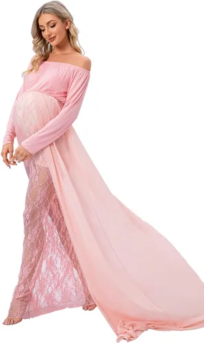 Miniatura 2 de ZIUMUDY Vestido de maternidad para sesión de fotos de manga larga con hombros descubiertos, vestido de encaje ajustado con capa larga de gasa trian