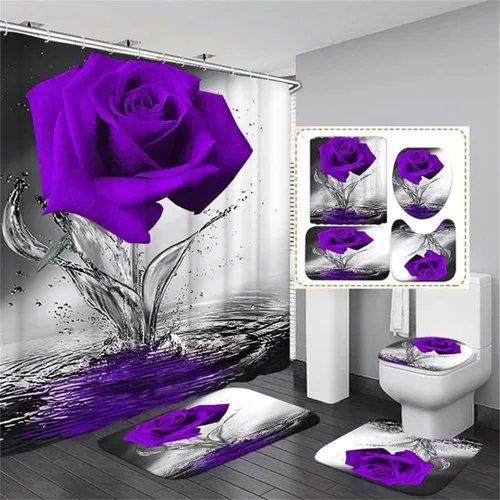 Miniatura 15 de Juego de baño Blue Rose con cortina de ducha y alfombras antideslizantes, tapete de baño, cubierta para tapa de inodoro y 12 ganchos fuertes