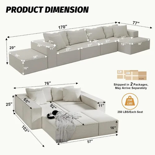Miniatura 2 de Sofá modular en forma de L de 170 pulgadas, sofá de chenilla Cloud con 6 almohadas, sofá personalizable sin montaje para sala de estar y dormitorio
