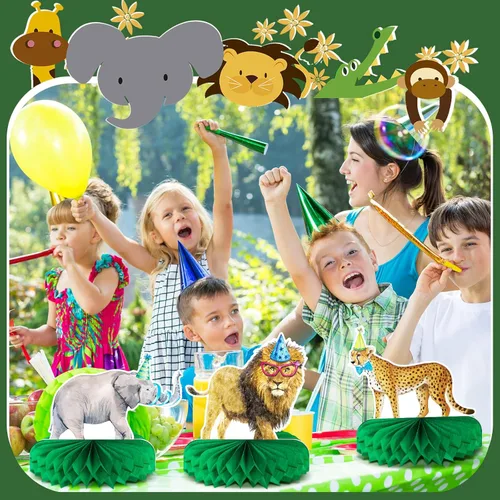 Miniatura 2 de Yeaqee 12 centros de mesa de nido de abeja de animales de la selva, suministros para fiestas de cumpleaños con temática de safari, animales