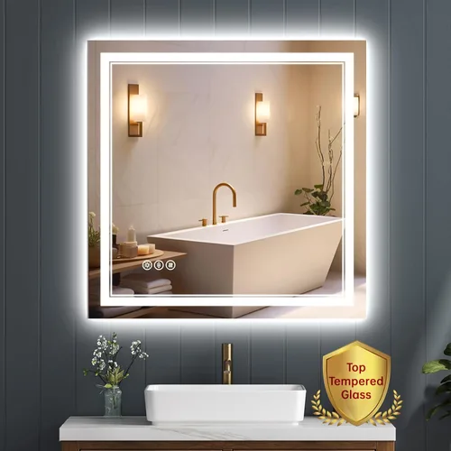 Miniatura 9 de Espejo de baño LED sin marco de 24 x 32 pulgadas, frontal y retroiluminado, vidrio templado inastillable, antivaho, 3 colores, regulable, memoria
