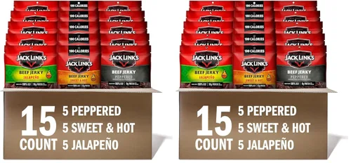 Jack Link's Variedad de carne seca de ternera, incluye dulce y caliente, jalapeño y carne seca con pimienta, paquete de bocadillos de proteína a