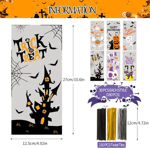 Miniatura 2 de DIYASY Paquete de 180 bolsas de celofán de Halloween, bolsa de plástico para dulces para niños, bolsas transparentes para aperitivos, recuerdos
