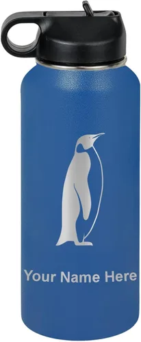 Miniatura 50 de LaserGram Botella de agua personalizada, pingüino, acero inoxidable de doble pared aislada al vacío con popote superior, regalo grabado