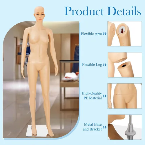 Miniatura 5 de Maniquí femenino de cuerpo completo con cabeza ajustable, extremidades flexibles, diseño desmontable de 69 pulgadas, forma de vestido con base
