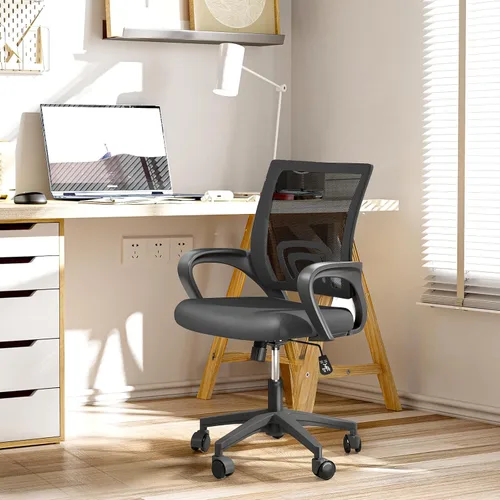 Miniatura 4 de Silla de oficina ergonómica, silla de escritorio de malla con respaldo medio, silla de computadora, color negro Soporte lumbar, modo oscilante