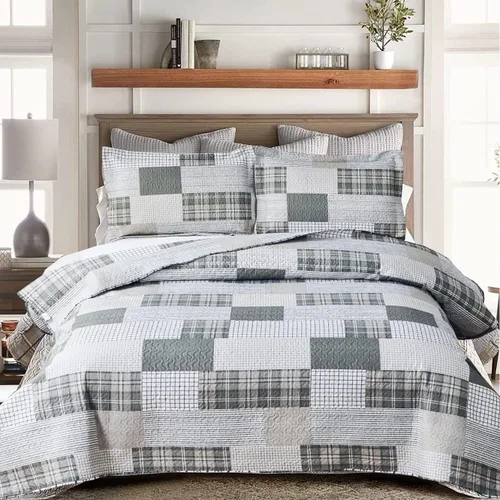 Colcha a cuadros gris y blanco tamaño Full/Queen, colchas de retazos ligeras, colcha geométrica a cuadros, ropa de cama suave y transpirable, Gris