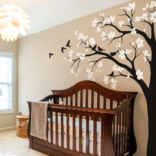Miniatura 5 de Adhesivo decorativo para pared de árbol de esquina grande con flores grandes, pájaros y hojas para cuarto de bebé, mural 087