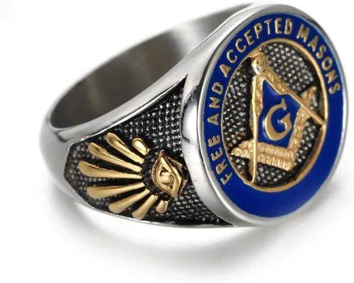 Miniatura 4 de IFUAQZ Anillo masónico de acero inoxidable para hombre con símbolo de masones de oro azul libre y aceptado, Metal, Sin piedras preciosas