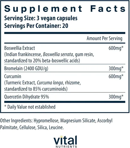 Miniatura 2 de Vital Nutrients BCQ Suplemento vegano de boswellia, bromelina, curcumina y quercetina Suplemento de apoyo para las articulaciones Apoya