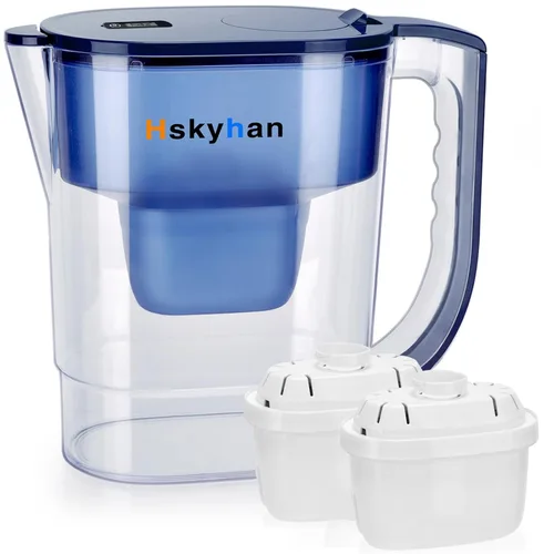 Hskyhan Jarra de filtro de agua alcalina - 3.8 litros mejora el PH, 2 cartuchos de larga duración incluidos, sin BPA, sistema de filtración de 7 Azul