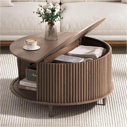 Miniatura 15 de Mesa de centro elevable con almacenamiento, mesa de centro moderna de mediados de siglo con patas de madera maciza, mesa central minimalista Roble