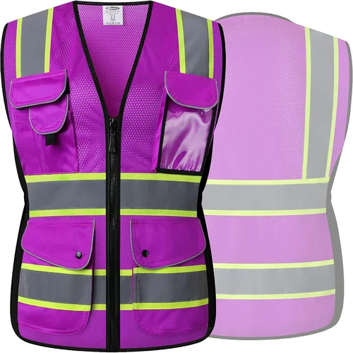 Miniatura 6 de JKSafety Chaleco de seguridad reflectante de alta visibilidad para mujer, tiras reflectantes cosidas en el cuerpo de color neón, transpirable