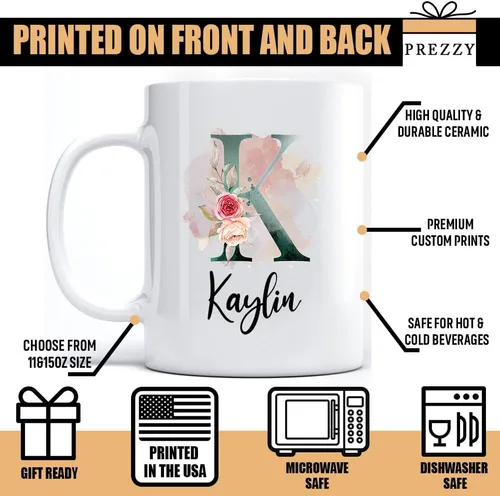 Miniatura 2 de PREZZY Taza personalizada con letra K con inicial, monograma personalizado, taza de café floral, regalos para mujeres, hombres, familiares, amigos