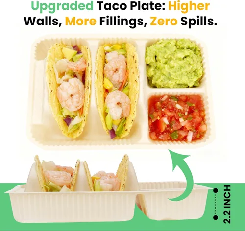 Miniatura 3 de Soportes desechables para tacos de 2 compartimentos para 2 tacos y 2 lados, borde elevado extra profundo, almidón de maíz biodegradable, apto