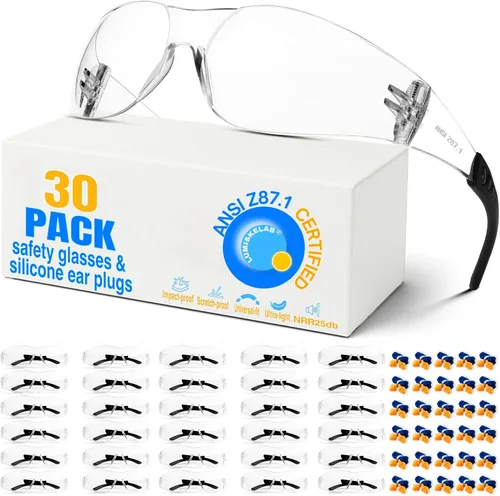 Miniatura 8 de Paquete de 12 lentes de seguridad transparentes para hombres y mujeres – Certificado ANSI Z87.1, 12 tapones de silicona para los oídos (NRR 25 dB)