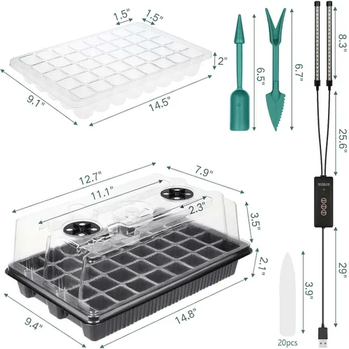 Miniatura 6 de Bandeja de inicio de semillas con luz de crecimiento, 2 paquetes de 80 celdas, kit de inicio de semillas reutilizables con cúpula de humedad, Negro