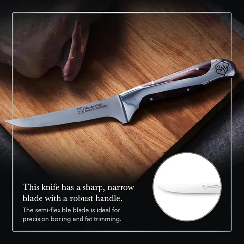 Miniatura 5 de Hammer Stahl Cuchillo de deshuesar de 6 pulgadas, acero alemán de alto carbono, hoja flexible curvada para deshuesar, filetear y recortar, mango
