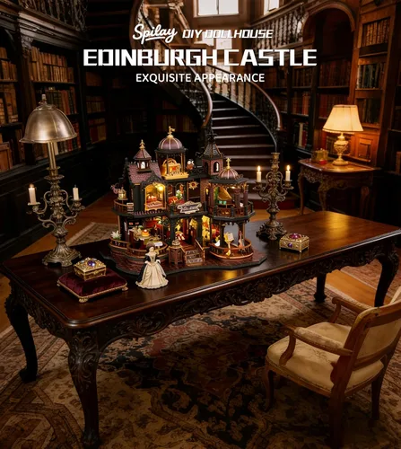 Miniatura 4 de Spilay Kit de Casa en Miniatura DIY, Casa de Muñecas Castillo de Edimburgo con Caja de Música y Cubierta Antipolvo, Kit de Rompecabezas de Madera 3D