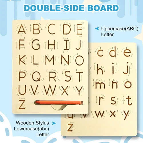 Miniatura 2 de Tabla de práctica de letras de madera, tabla de trazado reutilizable del alfabeto de escritura a mano de doble cara para niños pequeños y regalos