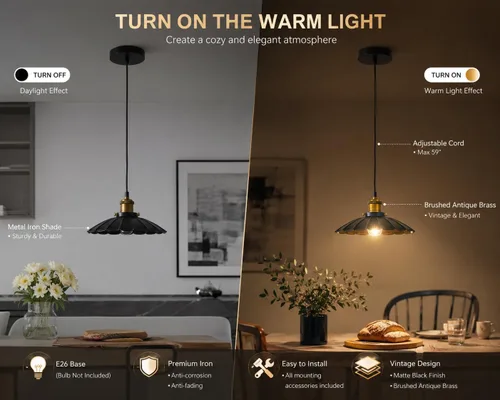 Miniatura 4 de Lámpara colgante negra, lámpara colgante retro de 9.8 pulgadas para dormitorio, luces colgantes brillantes de cocina, sala de estar, 6.5 pies