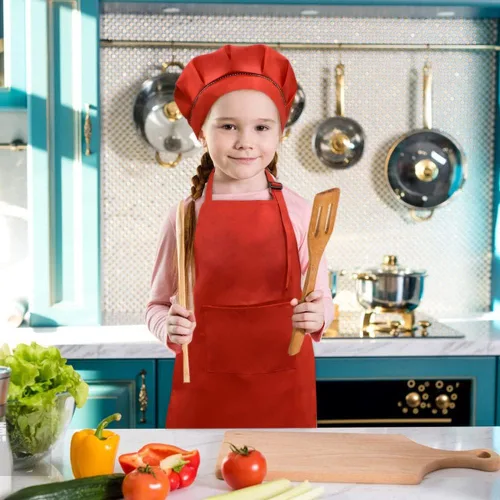 Miniatura 4 de SUNLAND Juego de delantal y gorro para niños, delantal de chef para niños para cocinar, hornear y pintar Rojo