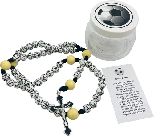 Miniatura 6 de Westmon Works Juego de cuentas de bola deportiva con rosario de fútbol con estuche protector y tarjeta de oración, collar católico con crucifijo