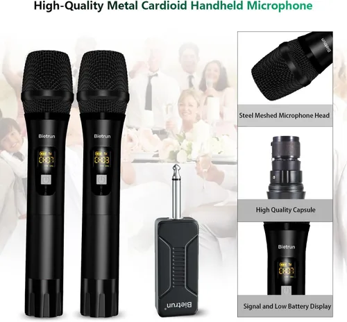 Miniatura 4 de Micrófono inalámbrico, sistema de micrófono dinámico inalámbrico dual de mano de metal UHF Bietrun con receptor recargable, salida de 1/4 pulgadas