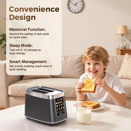 Miniatura 6 de Mecity Tostadora de 2 rebanadas con pantalla táctil y elevación automática, tostadora de acero inoxidable de tacto frío con 8 ajustes de pan, 5