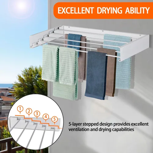 Miniatura 6 de FOCHIER F Tendedero de Ropa de Pared Tendedero de Secado Plegable con 5 Varillas de Aluminio y Plantilla de Perforación Broca de Destornillador Negro
