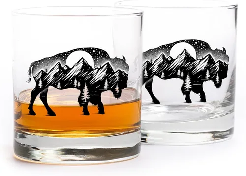 Juego de vasos de whisky Black Lantern Buffalo Landscape de 2 vasos de 11oz con base pesada para bourbon, whisky y cócteles | Regalo para