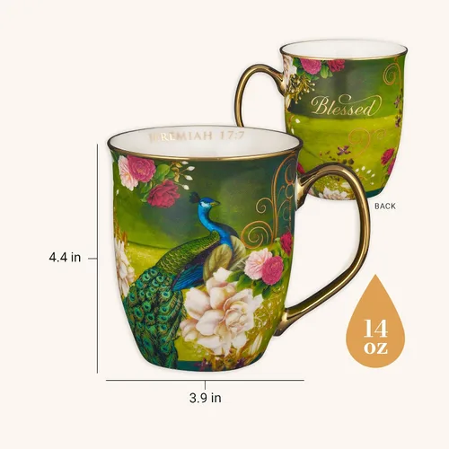 Miniatura 2 de Taza de café de cerámica azul pavo real de Christian Art Gifts con acentos dorados – Taza de 14 oz. libre de plomo y cadmio, taza inspiradora