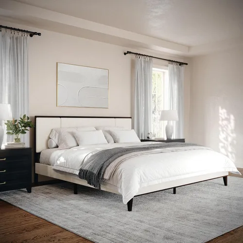 Miniatura 13 de Martha Stewart Jett - Cama de plataforma con cabecero, cabecera y base tapizada de tela, marco de madera maciza, no necesita somier, tamaño Queen